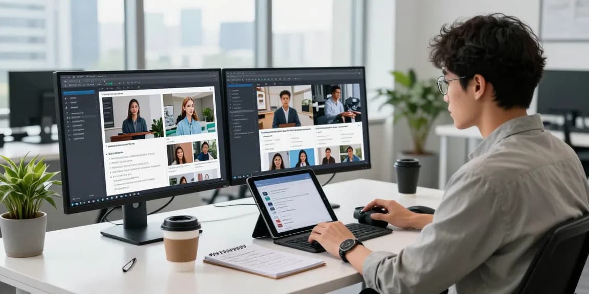 Data analyst using an AI image detector to review images and content in a modern office.