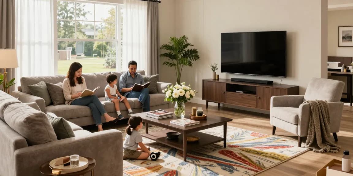 Stylish living room setup with cozy furniture and family enjoying time together, featuring depo 5k designs.