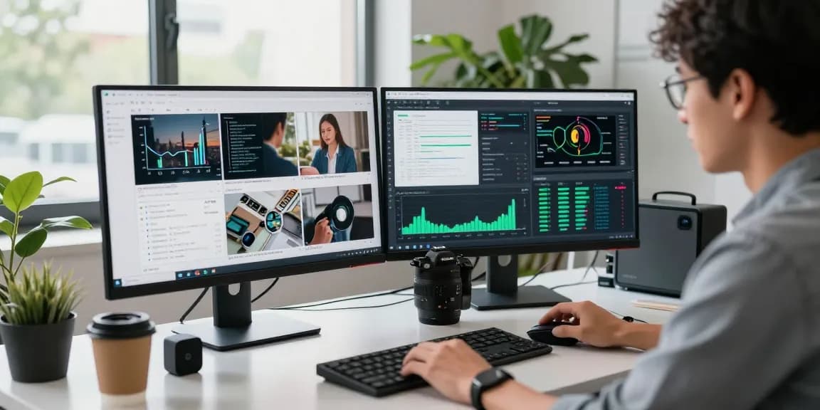 AI detector analysis in a professional tech workspace with dual monitors displaying content moderation results.