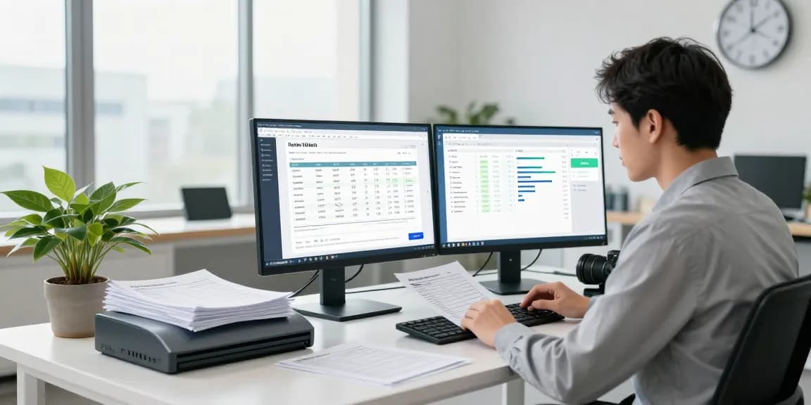 Data analyst utilizing AI to detect fake invoices in a modern workspace.