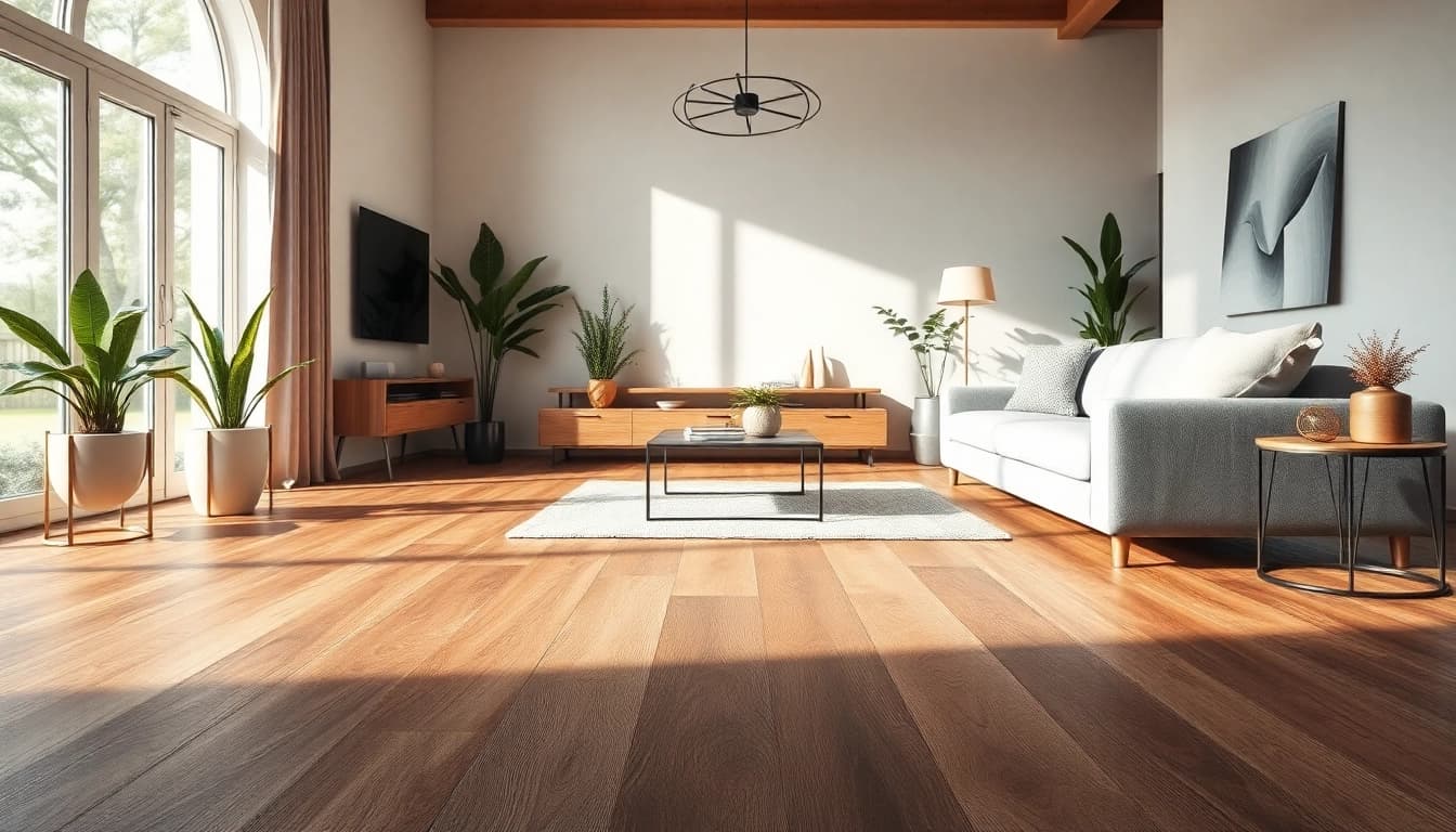 Showcasing waterproof vinyl flooring with rich textures in a modern living setting.