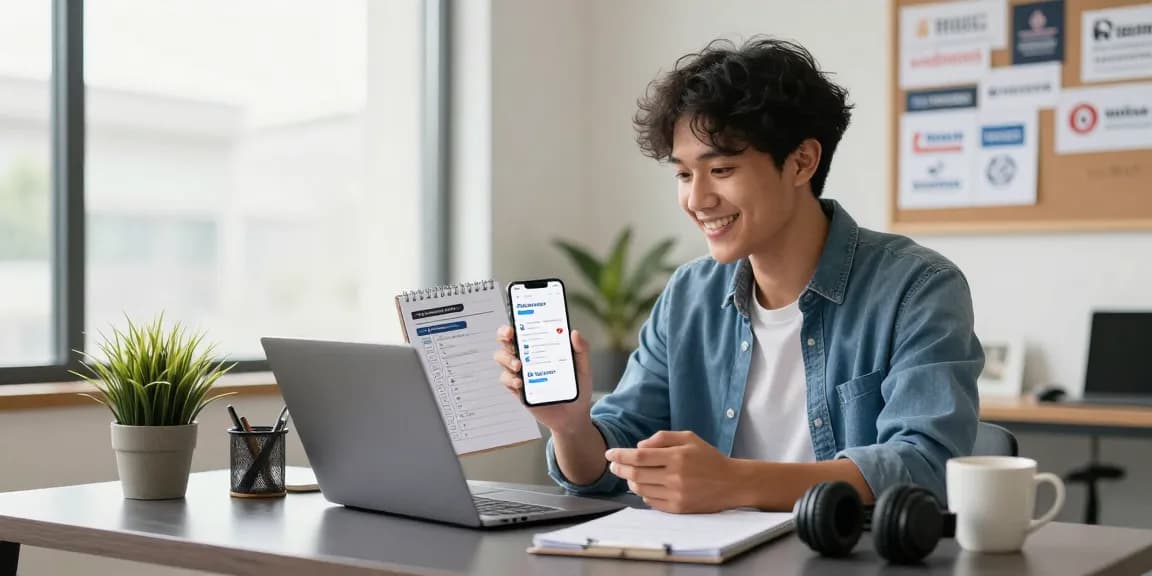 Young professional managing job alerts in a modern home office, showcasing productivity tools and a positive workspace