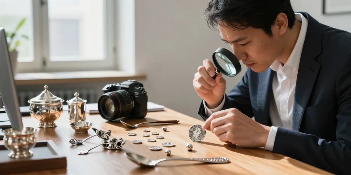 Achat argent Bruxelles : Évaluation experte de pièces en argent dans un bureau lumineux.