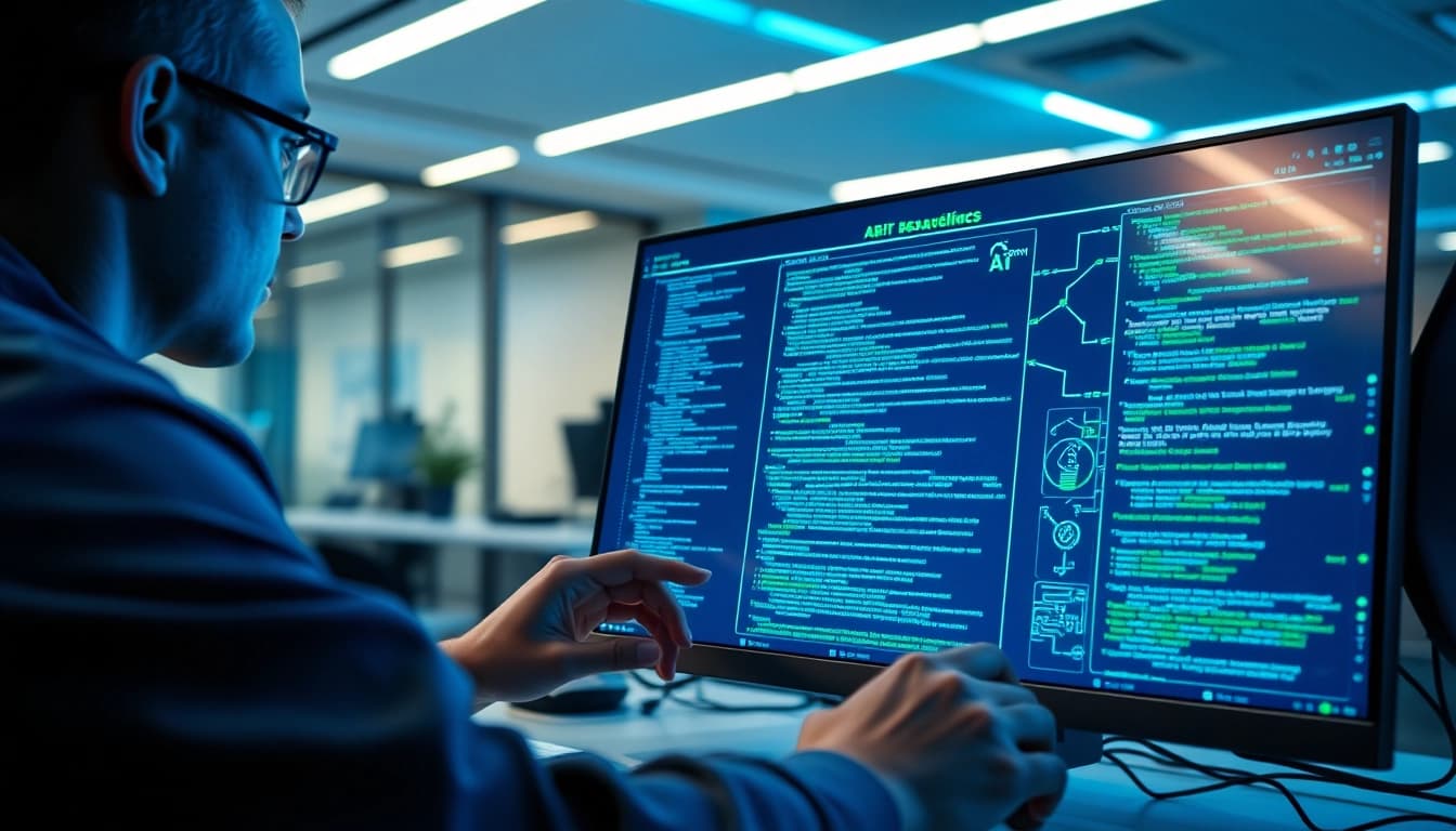 EORMC AI blockchain development showcasing a developer at work with futuristic tech.
