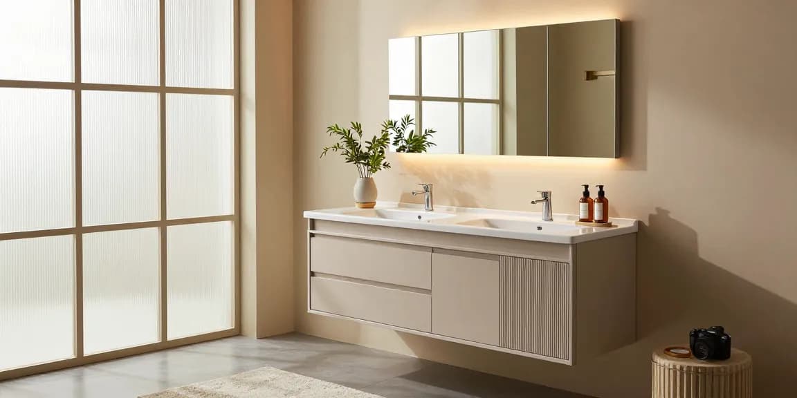 Modern bathroom vanity with double sinks and elegant décor elements