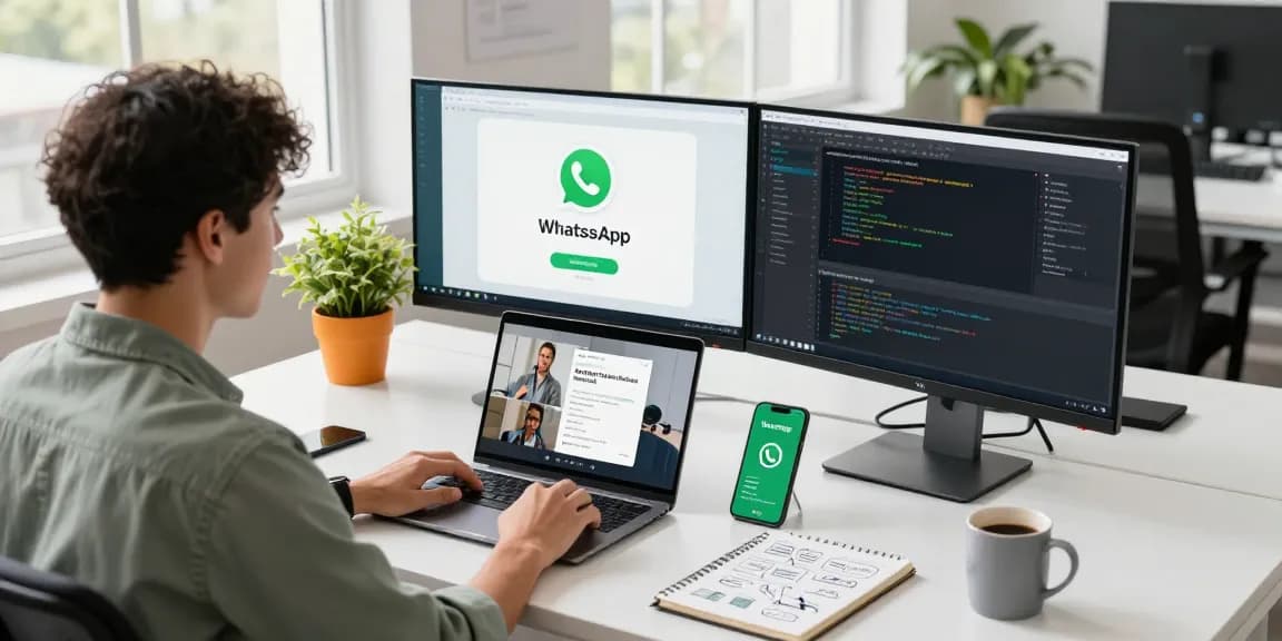 Engaging workspace showing WhatsApp下載 on computer with professional in casual attire.