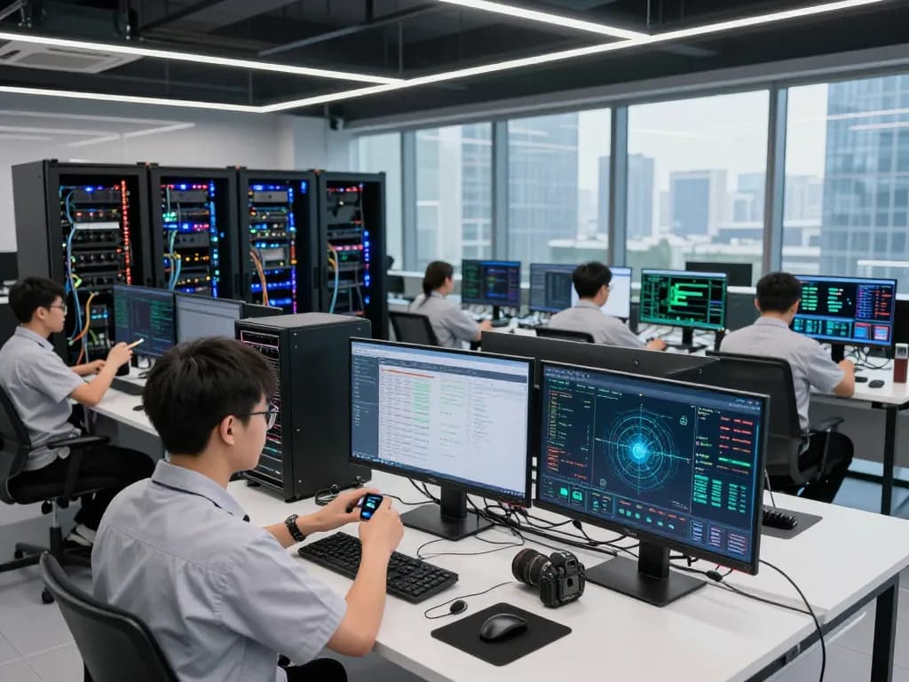 AI crypto mining operations in a dynamic data center with technicians monitoring GPU clusters and real-time analytics.