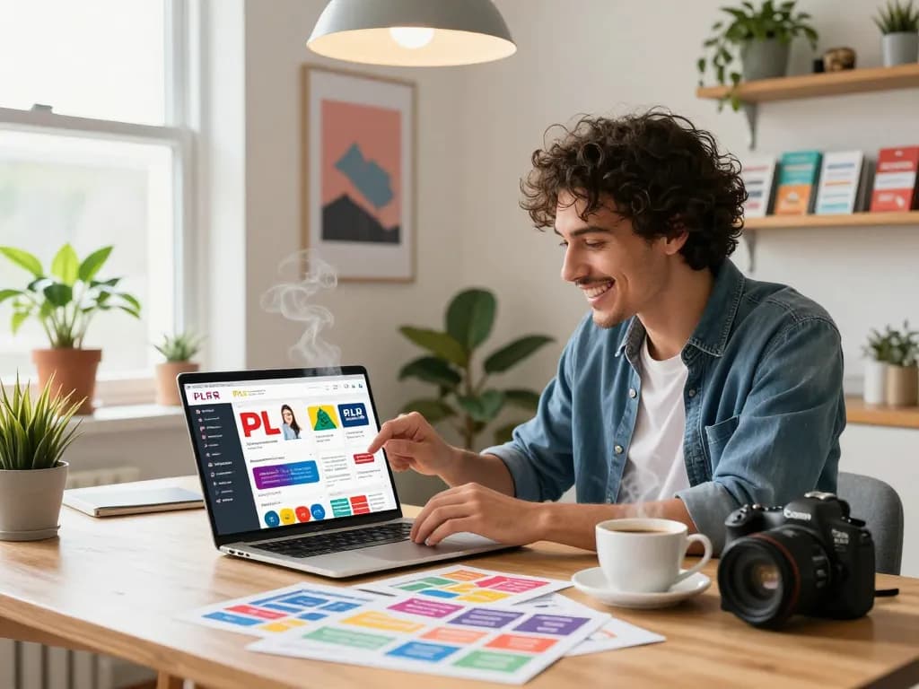 Buy PLR Digital Products in a cozy home office showcasing vibrant digital marketplaces.