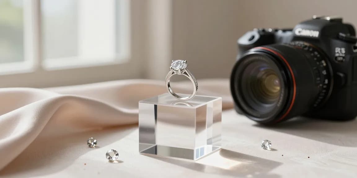 Fotografo di Gioielli che realizza scatti di alta qualità di anelli brillanti e gioielli eleganti nel suo studio
