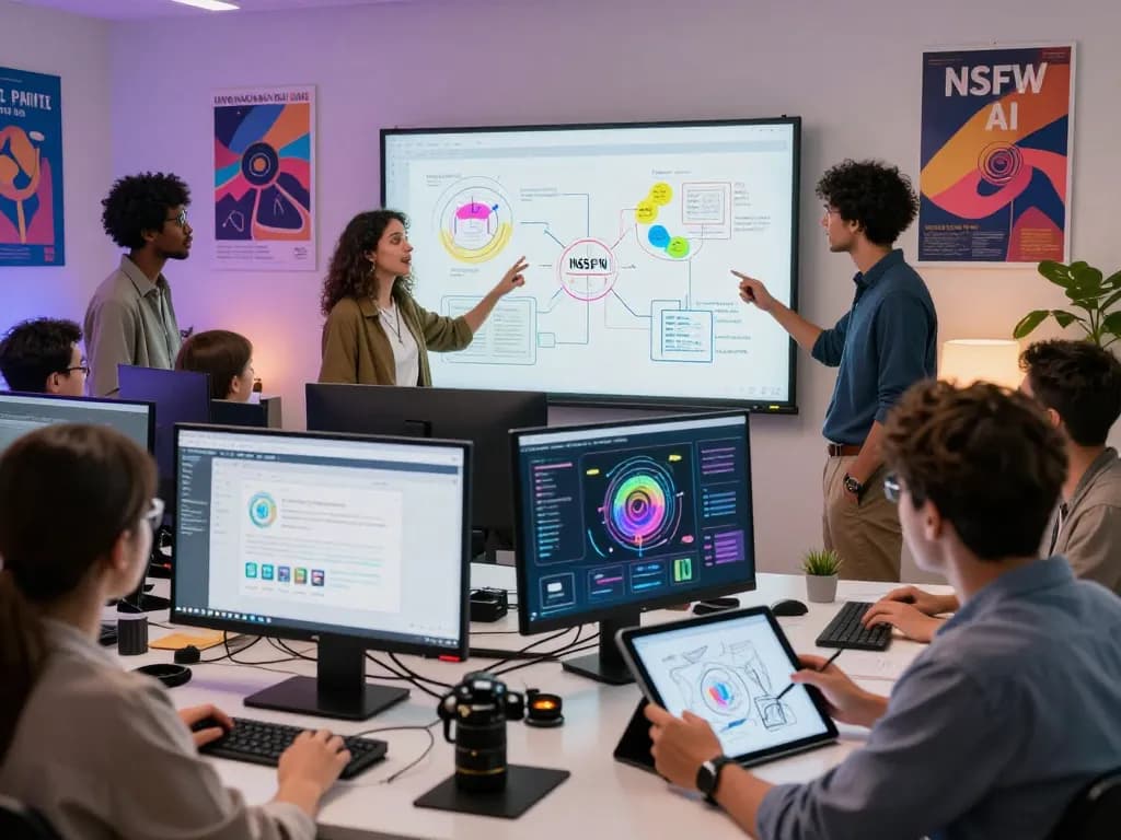 Creative professionals collaborating on innovative NSFW AI applications in a modern workspace.