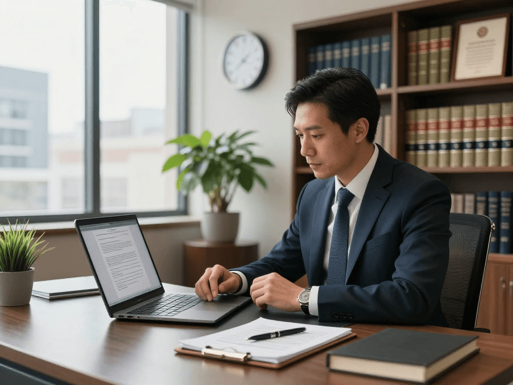 Stephen Gleave Ancaster consulting in a modern office, showcasing professionalism and legal expertise.