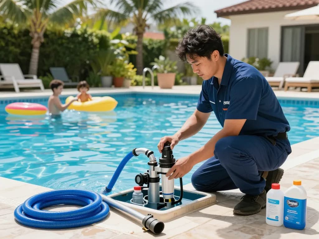 Dolphin Pool Services technician inspecting filtration system by the sparkling pool.
