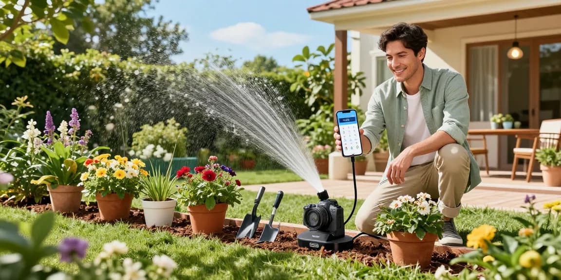 The homeowner using a rainpoint automatic watering system in a colorful garden, showcasing easy plant care.