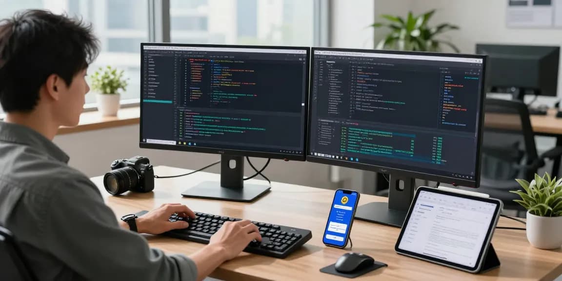 Developer using an age verification system at a modern workspace, showcasing dual monitors and tech tools.