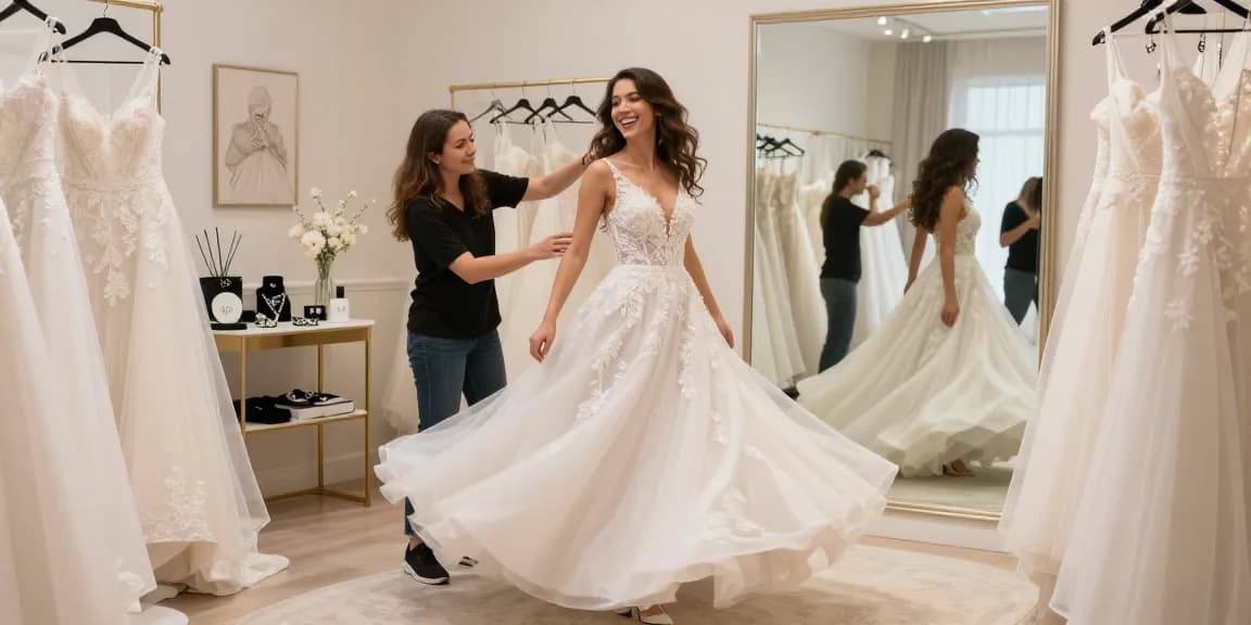 Consulenza di bridal styling con una sposa felice che prova un abito da sposa in boutique