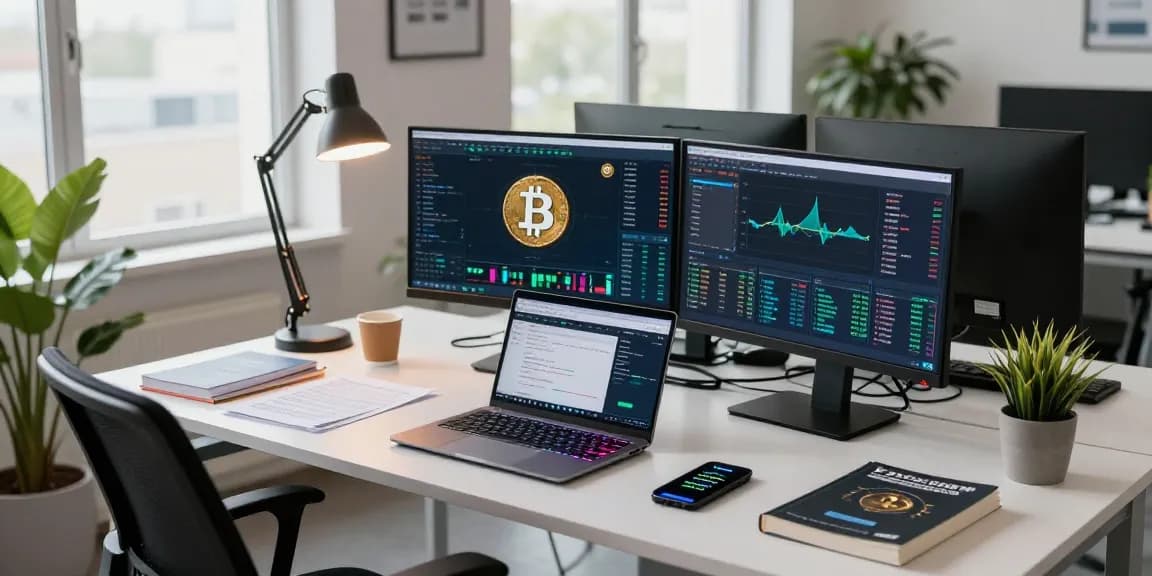 Bitcoin mining analysis workspace with blockchain data visuals in a modern tech office.