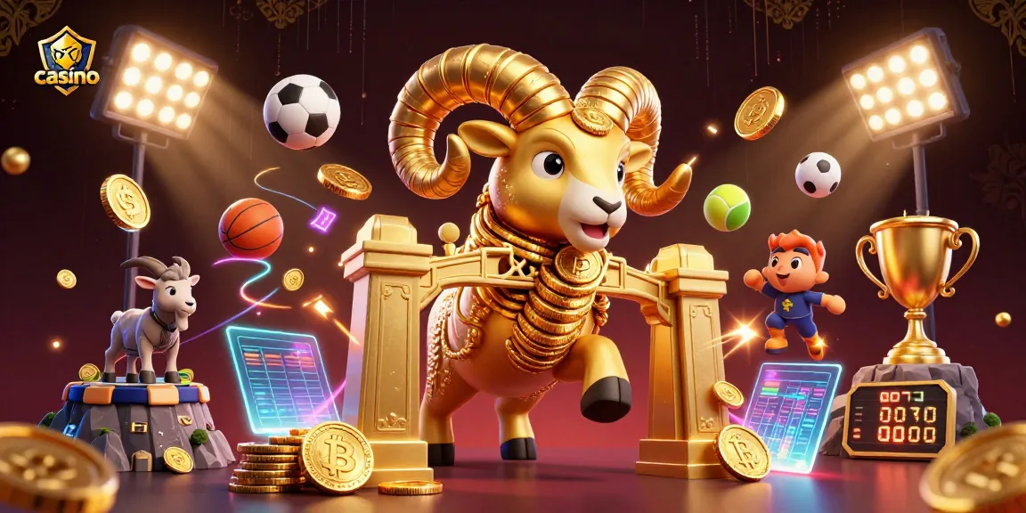 Le casino crypto illustre une scène dynamique avec un bélier doré représentant la richesse, entouré de pièces Bitcoin et d'Ethereum, et de sportifs animés.