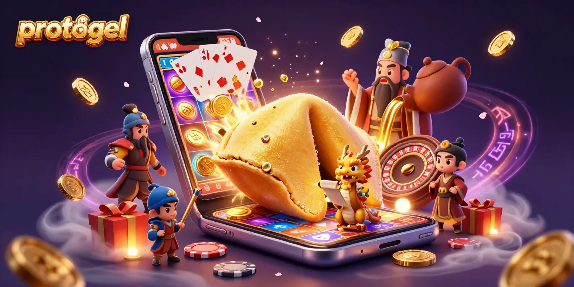 Engage in thrilling gameplay with protogel's dynamic illustration of a golden fortune cookie and slot games.