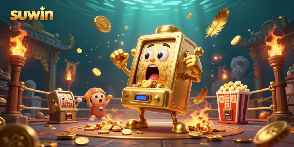 Suwin shines as a golden slot machine hits the jackpot amidst cheering mini machines and vibrant casino elements.