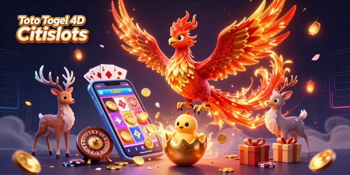 Toto Togel 4D Citislots showcases a vibrant 3D poker scene with winning symbols and mythical creatures.