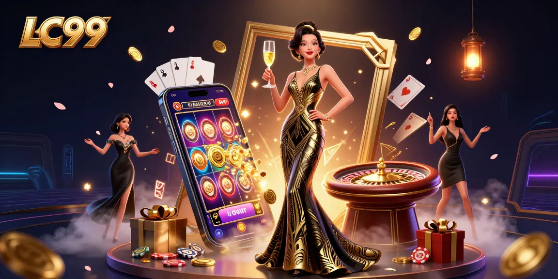 Join the excitement at LC99 with a glamorous gaming scene featuring a stunning Asian woman and dynamic casino elements.