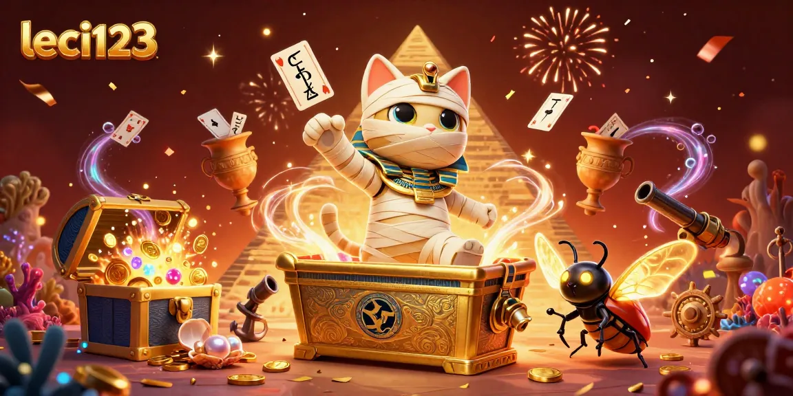 Experience the excitement of leci123 with a dynamic pyramid casino scene featuring an Egyptian mummy cat and golden elements.