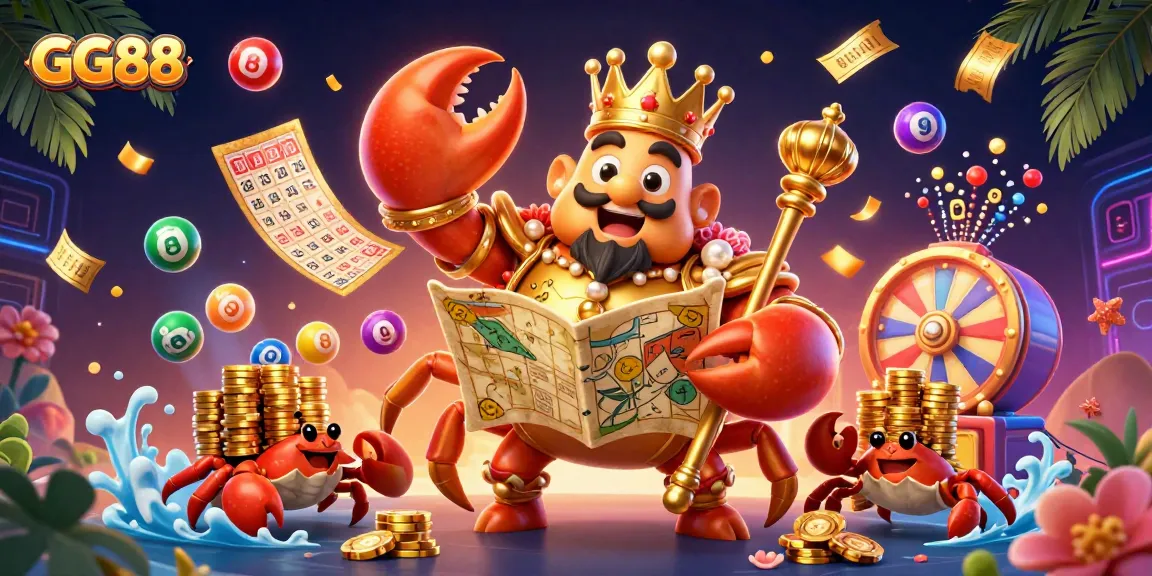 Engage with GG88's vibrant gaming scene featuring a golden crab emperor and enticing lottery elements.