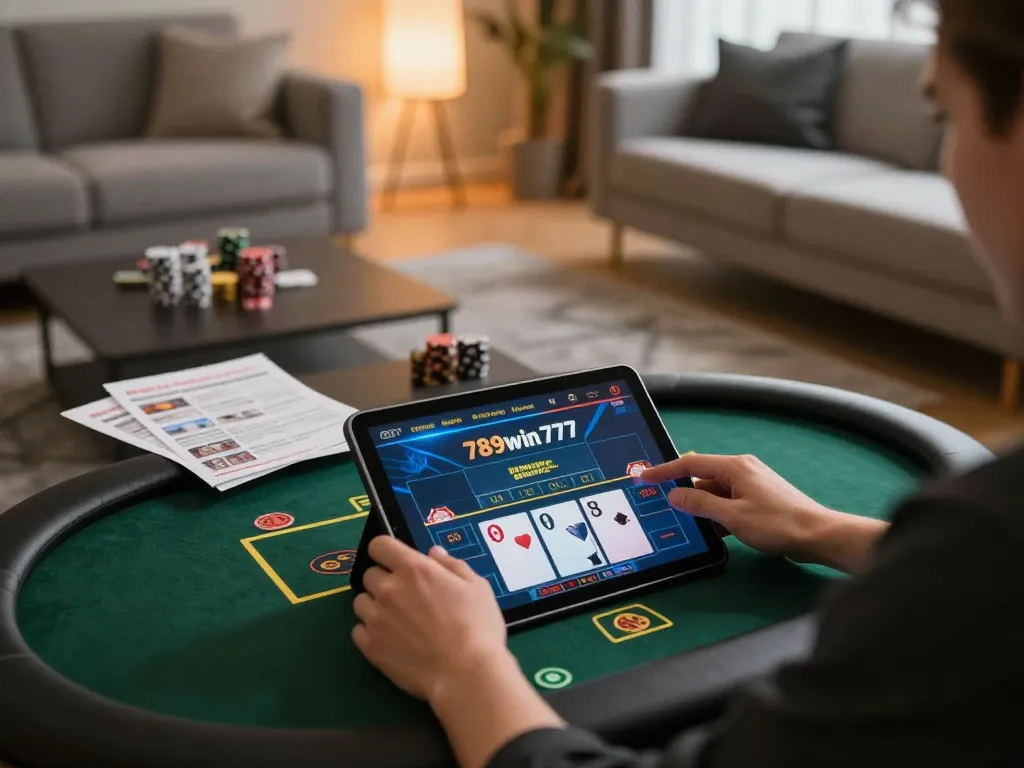Engaging in 789win777 live dealer game strategy at home, showcasing responsible gambling.
