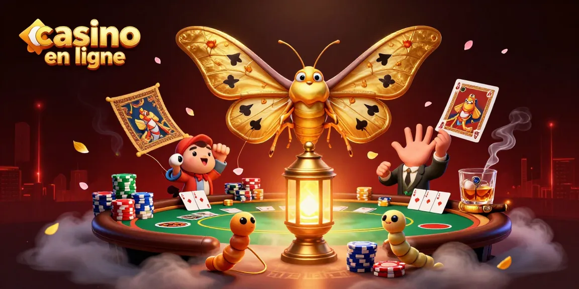 Plongez dans un univers de casino en ligne avec un papillon atlas animé et des scènes de poker.