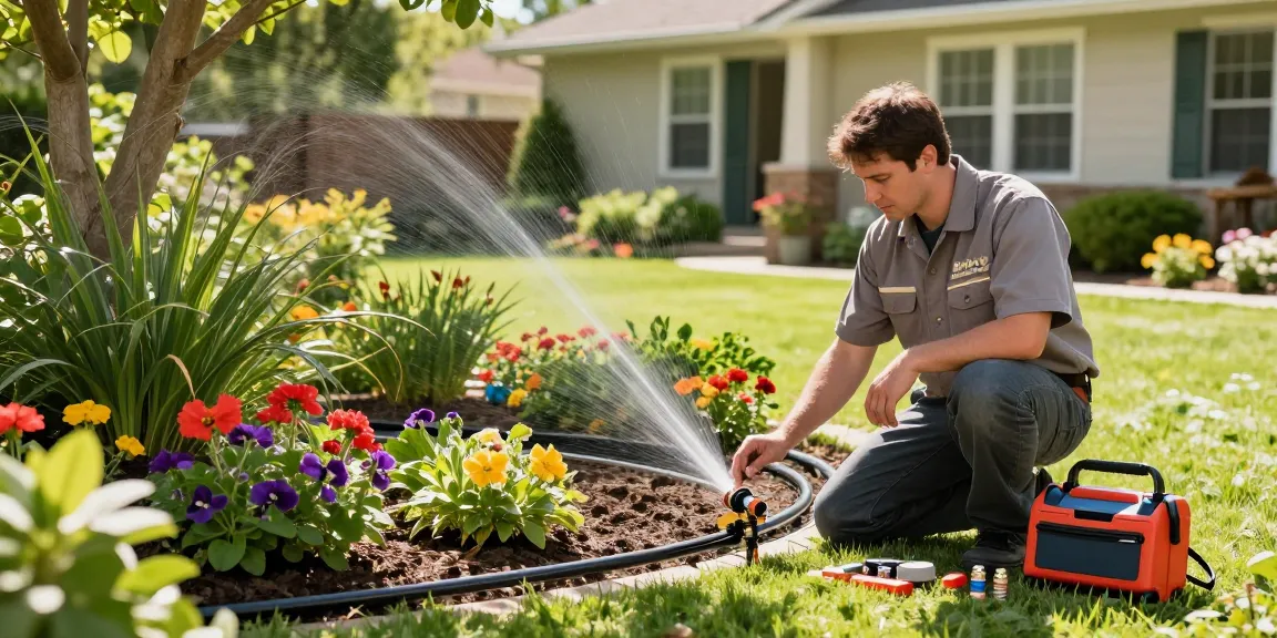 Professional Irrigation Services in Lakeside, TX technician inspecting drip irrigation system in residential garden.