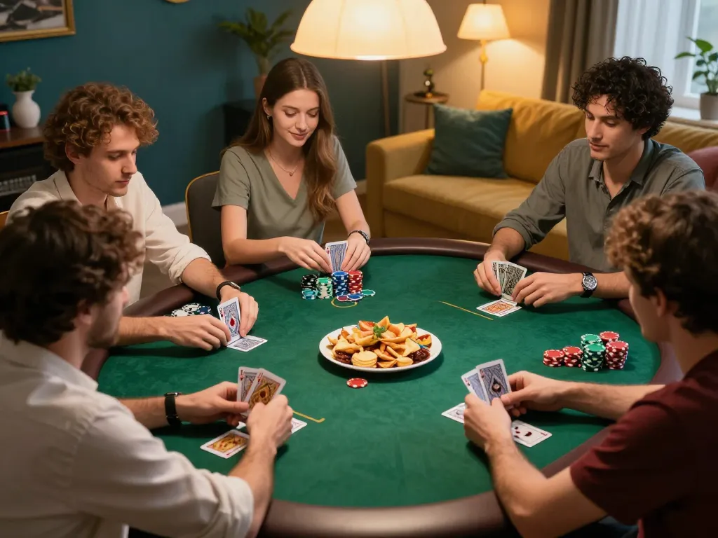 Players enjoying a friendly game of poker in a home setting, showcasing strategic decision-making in the world of 包网.