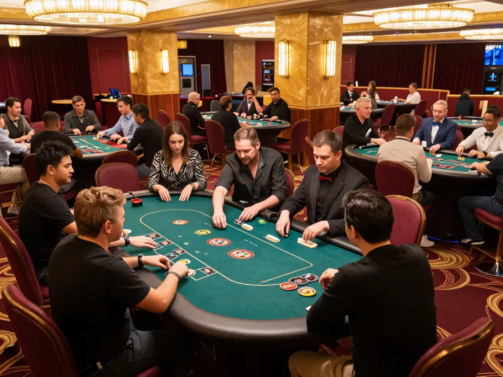 Players enjoying casino games at GOOD88, showcasing vibrant table action and a luxurious atmosphere.