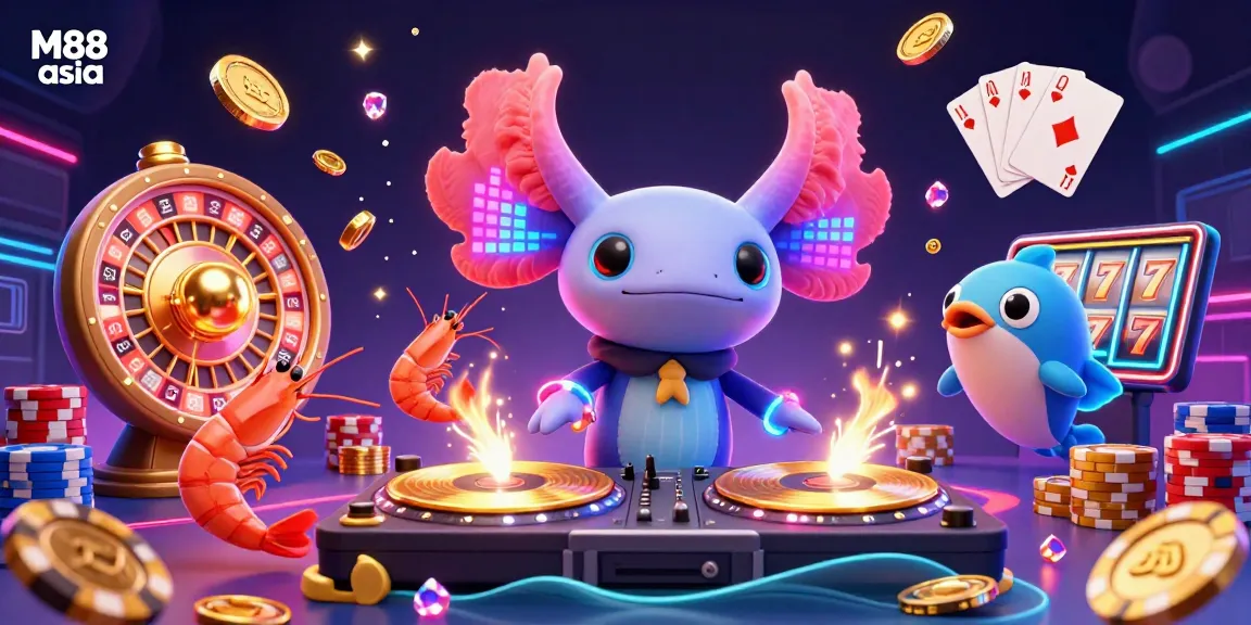 M88 asia features an energetic underwater DJ scene with vibrant gambling elements like roulette wheels and poker chips.