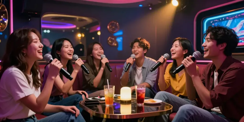 도파민 가라오케에서 친구들과 함께 즐거운 시간을 보내는 모습