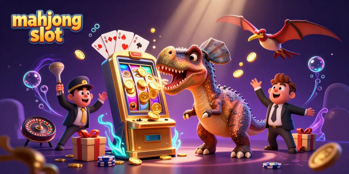 Experience the excitement of mahjong slot with animated dinosaurs attracting jackpot coins in a vibrant sunset casino.