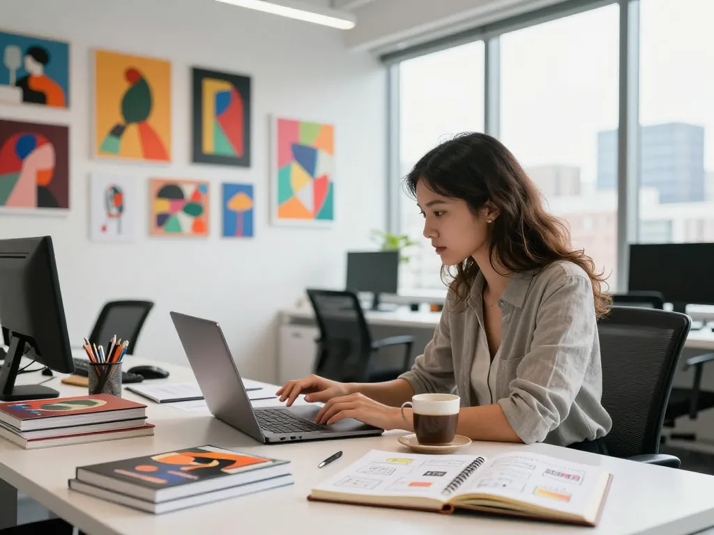 An inspiring workspace showcasing a young professional utilizing an image to prompt ai for creative designs