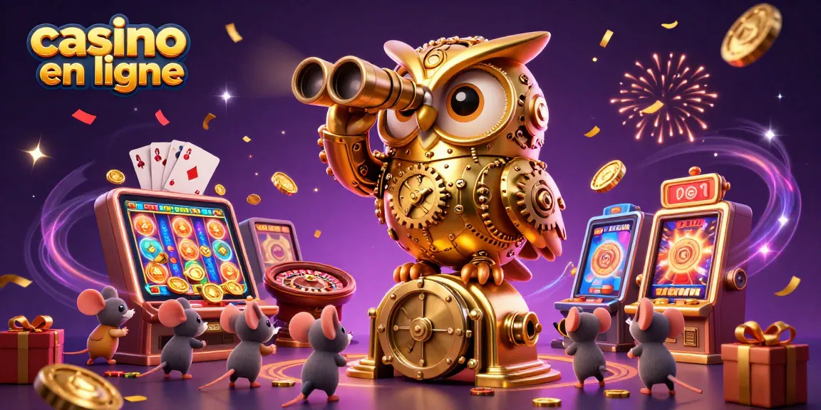 Scannez les jeux de casino en ligne avec une chouette dorée et des souris dans cette illustration colorée.