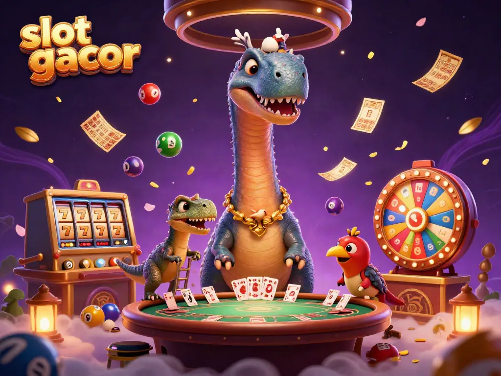 Slot gacor bersinar dengan karakter kartun brontosaurus dan raptor di kasino yang ceria.