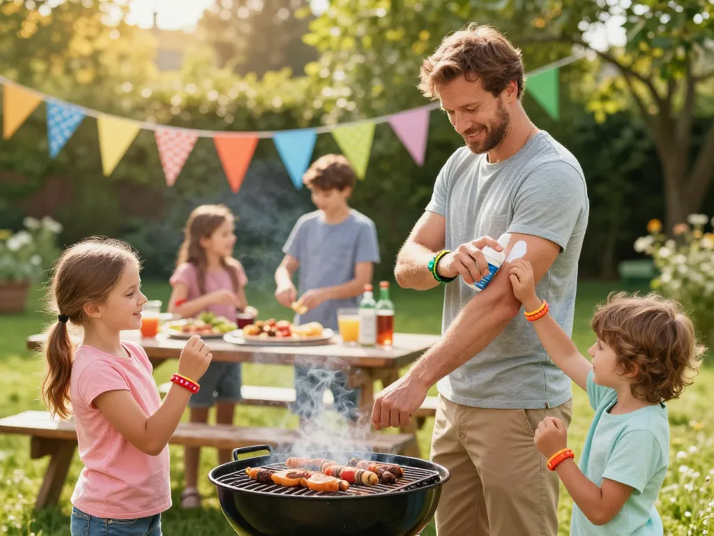 Family applying Best Mosquito Repellent while enjoying a backyard barbecue during summer.