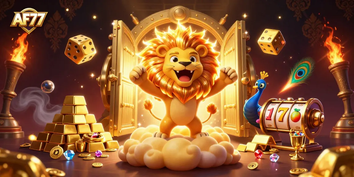 Experience excitement at AF77 with a roaring lion and golden dice among casino treasures.