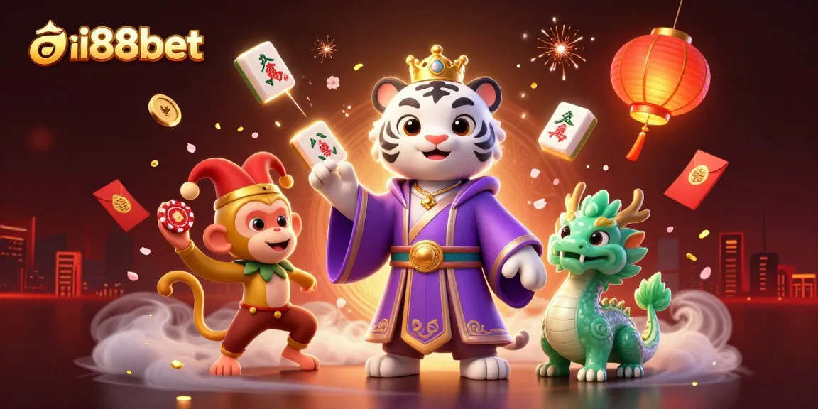 Experience the excitement of ai88bet with a vibrant scene featuring a white tiger, golden monkey, and jade dragon amidst thrilling casino elements.