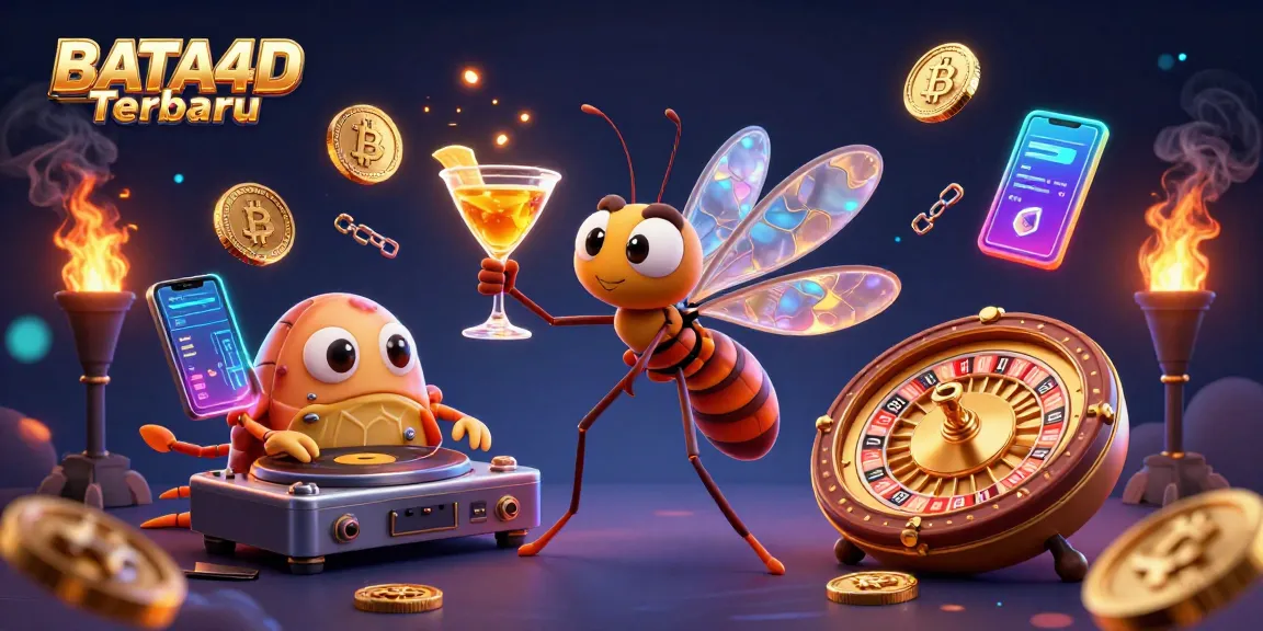 BATA4D Terbaru showcases a lively 3D scene with a casino mascot and DJ, surrounded by crypto elements.