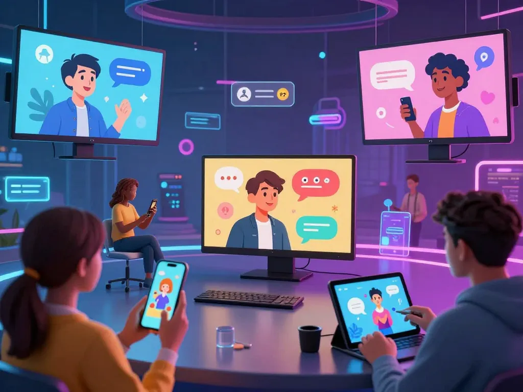 AI chat porn scene with diverse users interacting with engaging AI characters in a vibrant digital space.