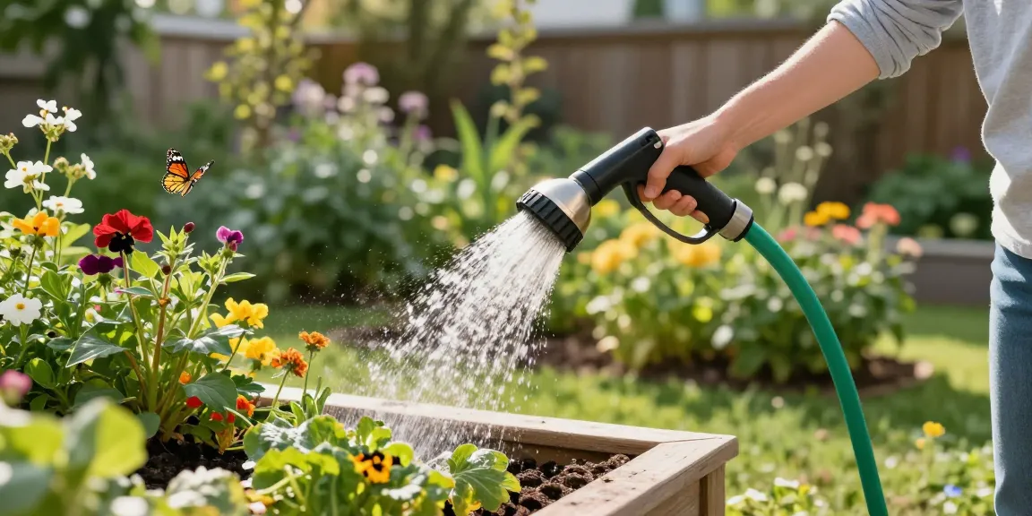 Homeowner using the best hose nozzle to water vibrant garden plants in a sunny outdoor setting.
