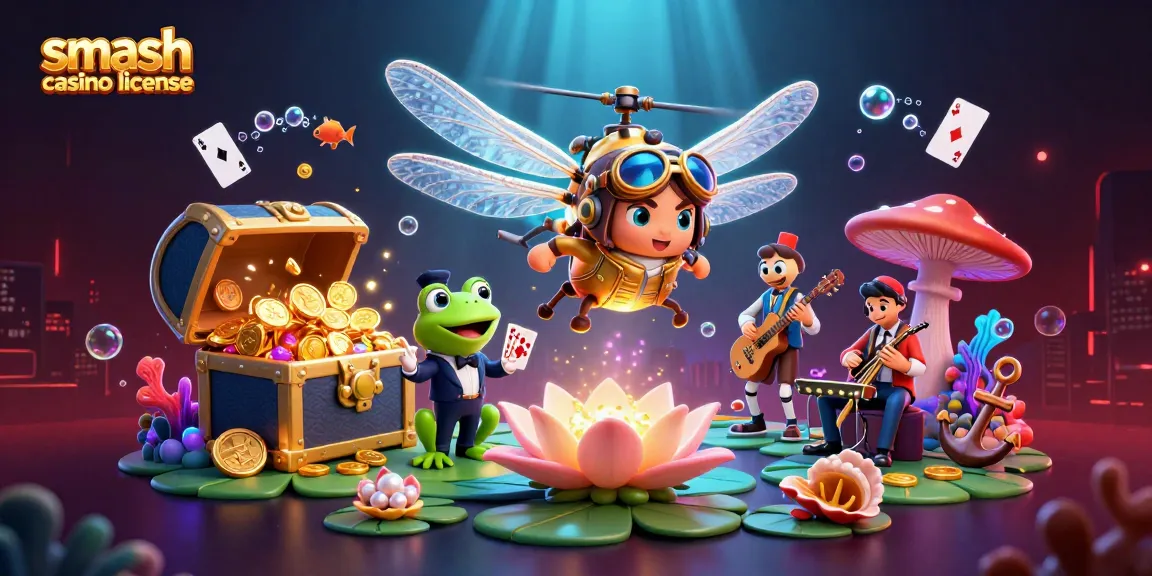 Jouez à la licence de Smash Casino et découvrez un croupier grenouille distribuant des cartes au-dessus d'un casino sur un nénuphar