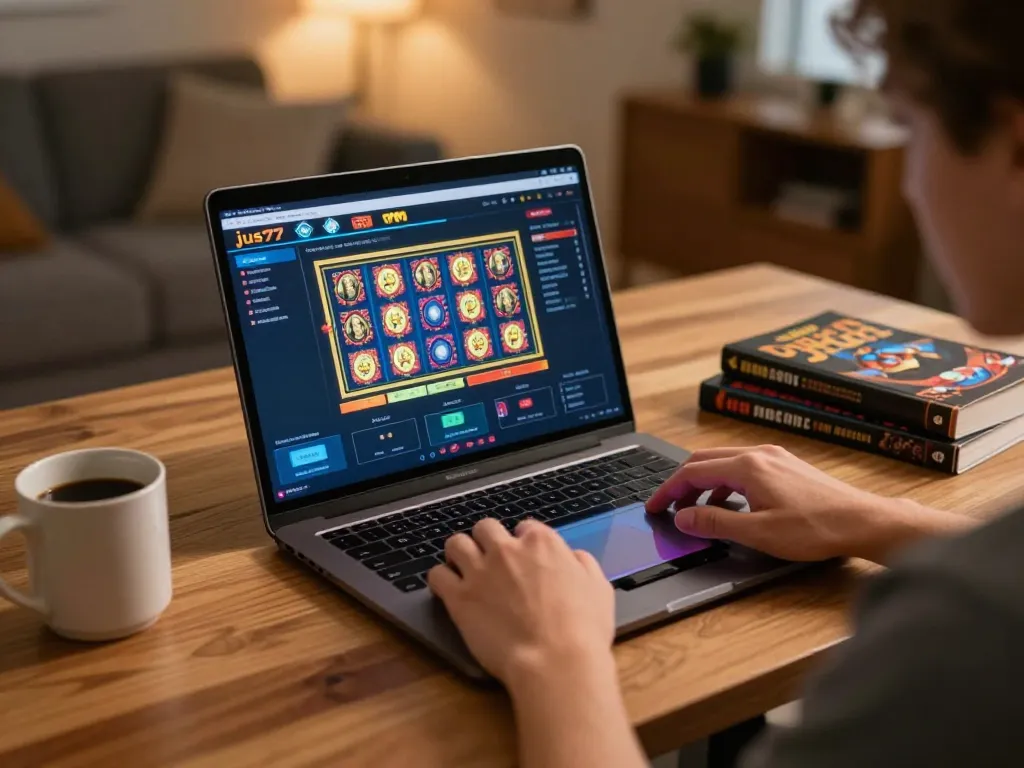 Engage with jus77's online slot games in a cozy home setup featuring a laptop and strategy books.
