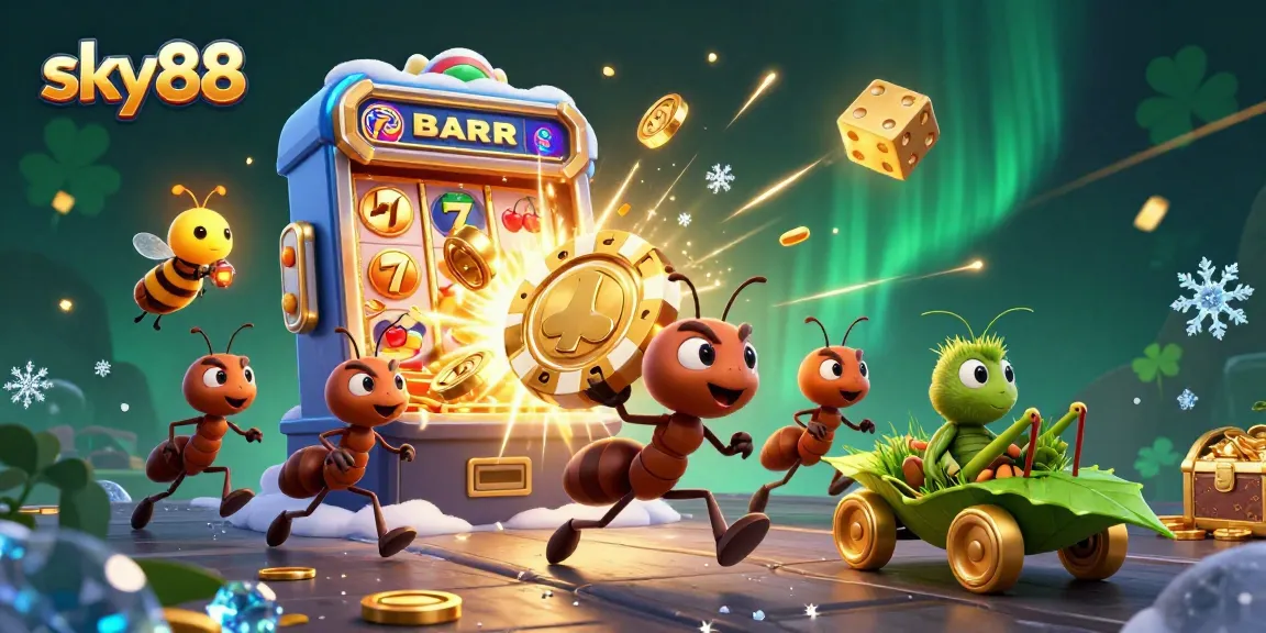 Experience exhilarating wins at sky88 with a dynamic heist scene featuring ants and casino elements.