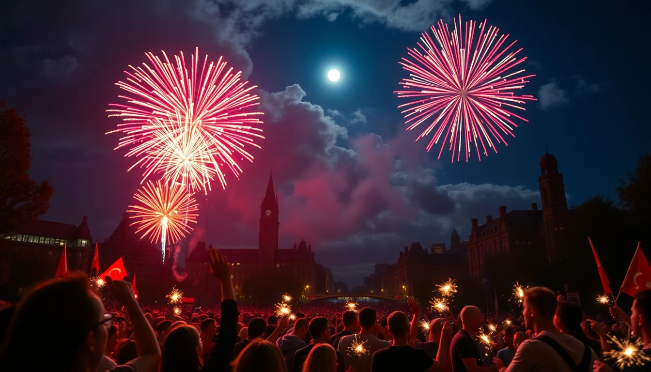 Witness stunning manchester fireworks illuminating the skyline during a festive event.