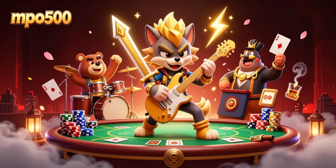 Experience the excitement of mpo500 with a vibrant casino scene featuring a rock star wolf and a bear drummer.