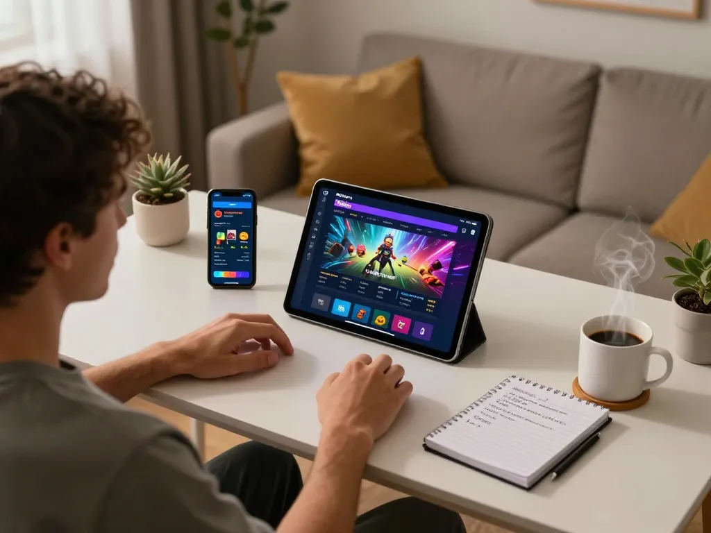 Engaging gaming atmosphere at home with 888top shop app on tablet, showcasing responsible gambling.
